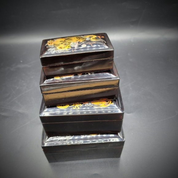 Vintage Black Lacquerware Handpainted Dragon Nesting Boxes Group Of 4 Rare - Picture 11 of 12